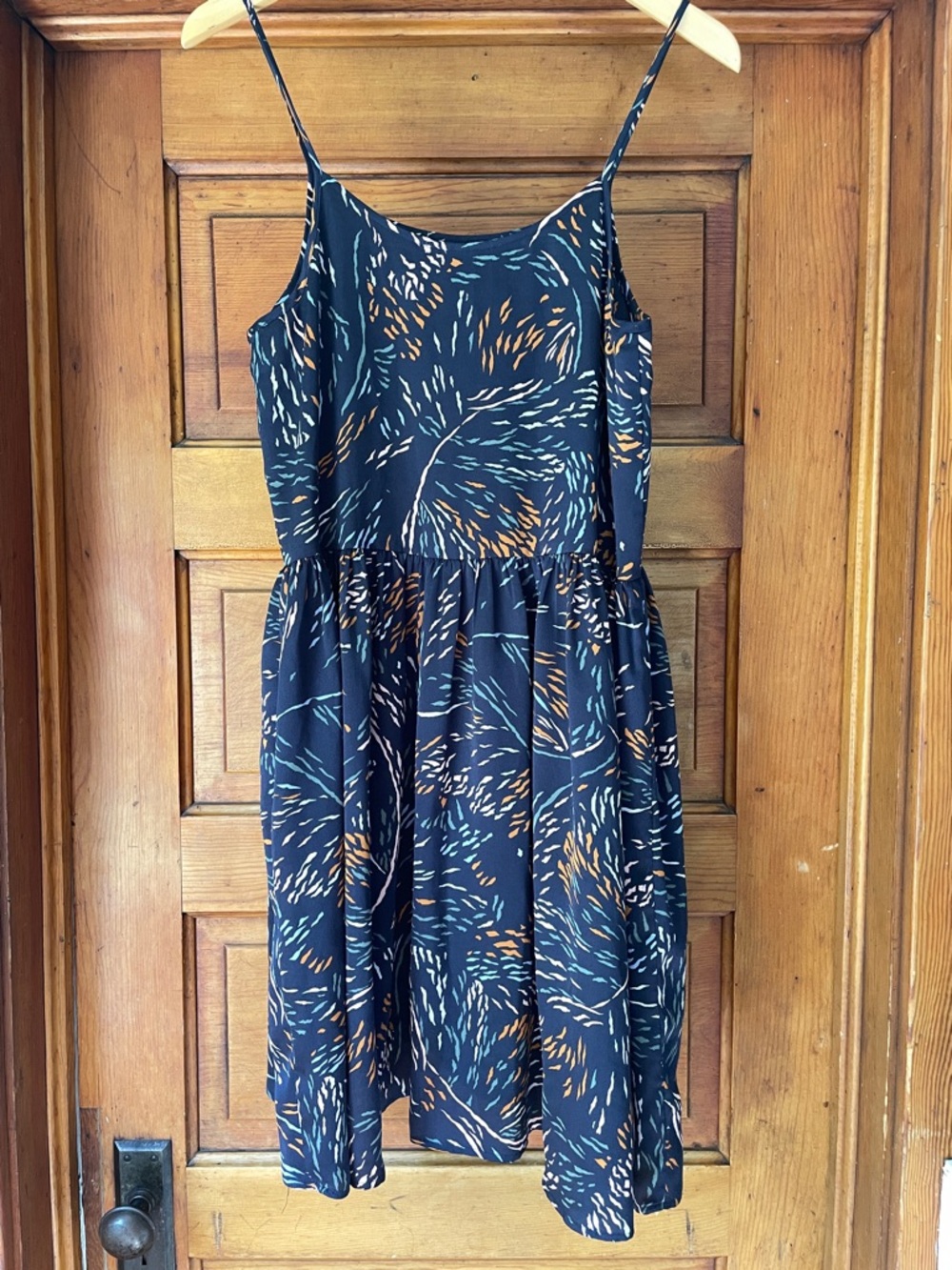 LOFT Navy Spaghetti-Strap Dress with Abstract Print Size Med
